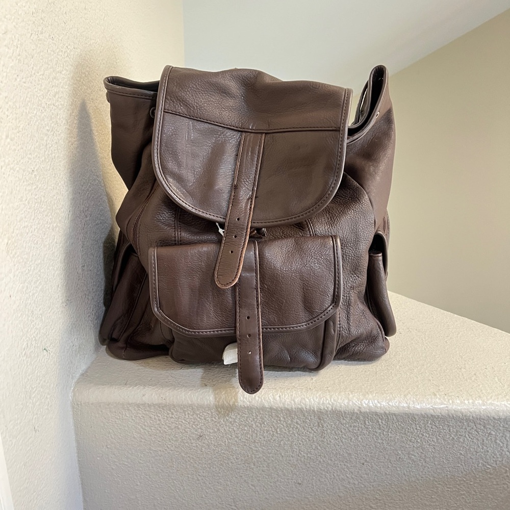 NWNT Lrge Genuine Cow Hide Brown Leather Drawstring Backpack Rucksack Rugged Bag